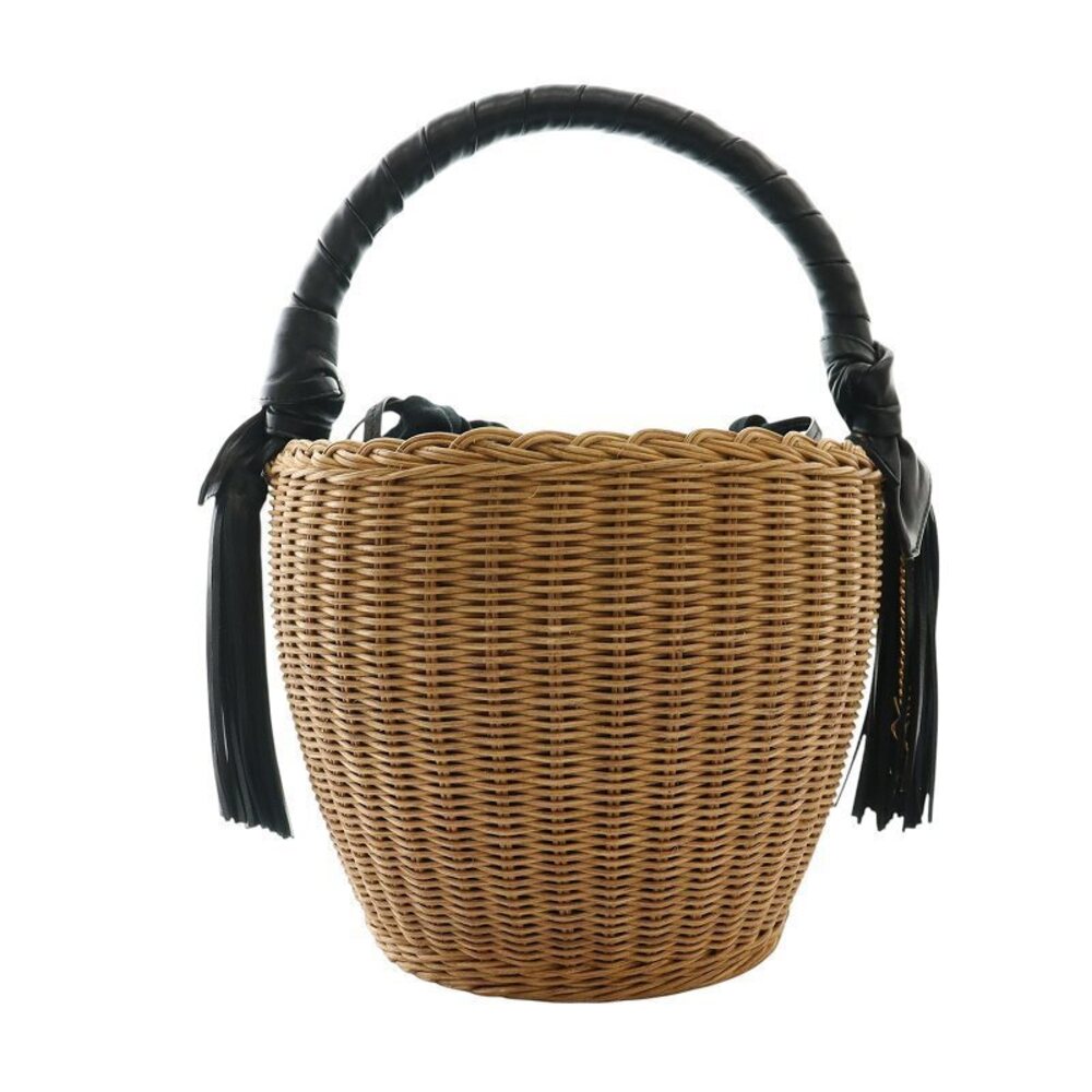 Saint Laurent Paris Panier Rat tan Leather Basket Bag Handbag Fringe Beige Black